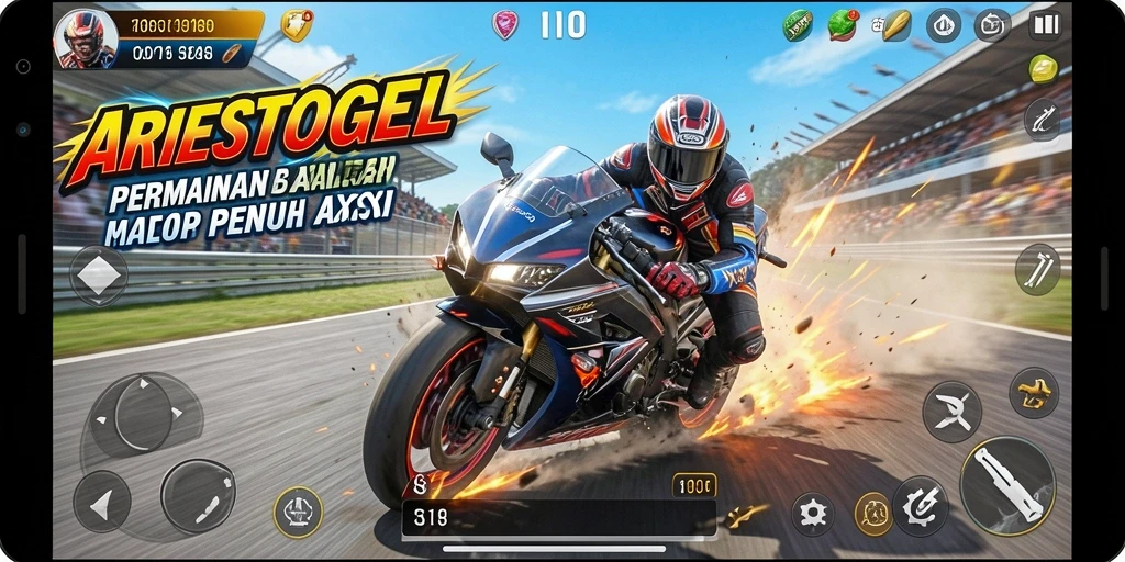 Screenshot menunjukkan aksi balap motor yang mendebarkan di ARIESTOGEL.
