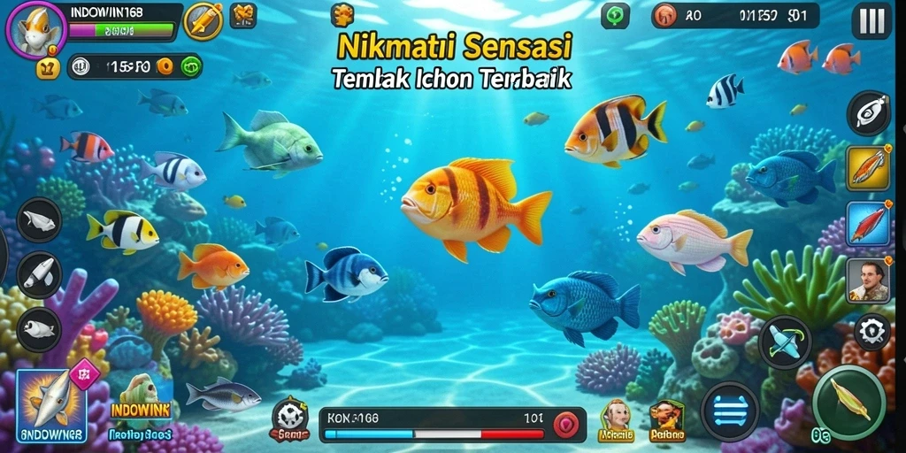 Screenshot gameplay INDOWIN168 menunjukkan aksi seru menangkap ikan.